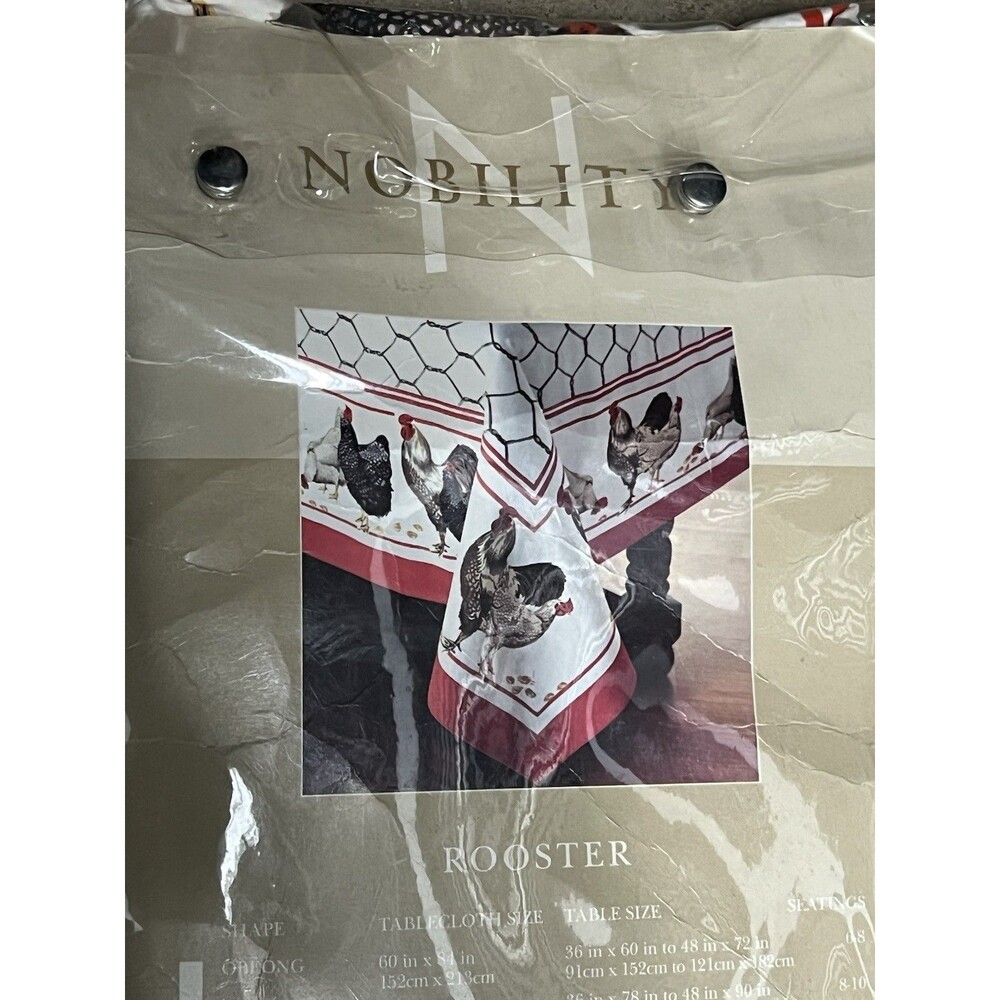 Nobility Rooster Tablecloth 60x84 Oblong Farmhouse Country Chicken Red Border